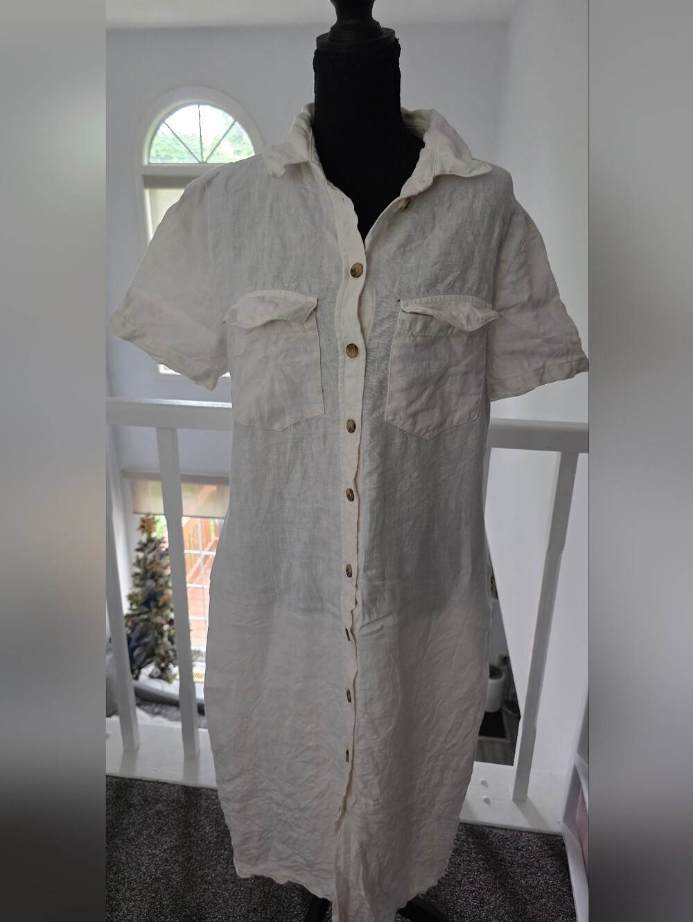Zara Cream Short-Sleeve Linen Button-Down Dress